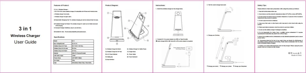 New Custom OEM/ODM Three-in-One 3 in 1 Foldable Fast Charging 15W/10W/7.5W/5W Qi Wireless Charger for iPhone Airpods Apple Watch