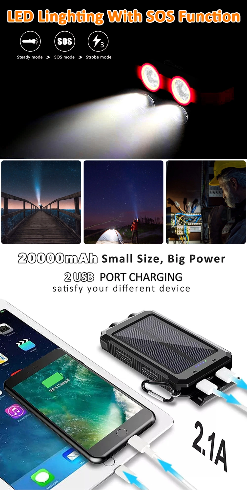 Factory Wholesale Portable Solar Power Banks 5000mAh 20000mAh Waterproof Dual LED Flashlights Solar Charger Power Bank